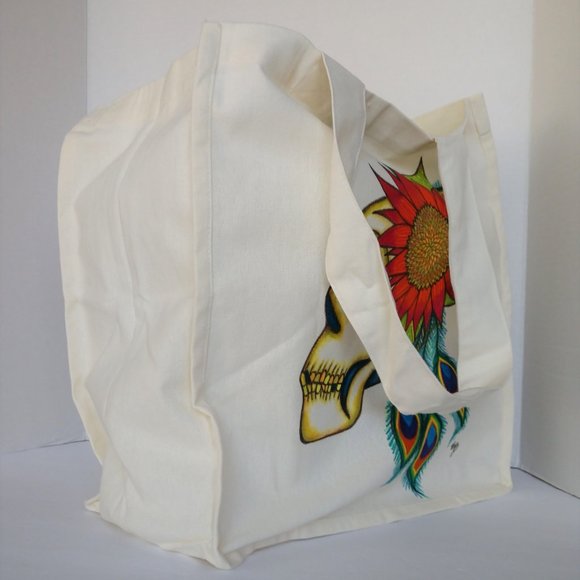Hand-Painted Skull Tote Bag: Sunflower & Peacock Feather Art 14x13x7 - Picture 6 of 16